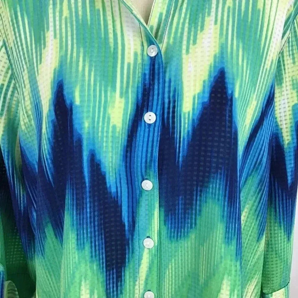 Alia Sheer Gingham Tye Die Button Down Top Shirt Blue Green Yellow Zigzag 16 - Picture 8 of 12